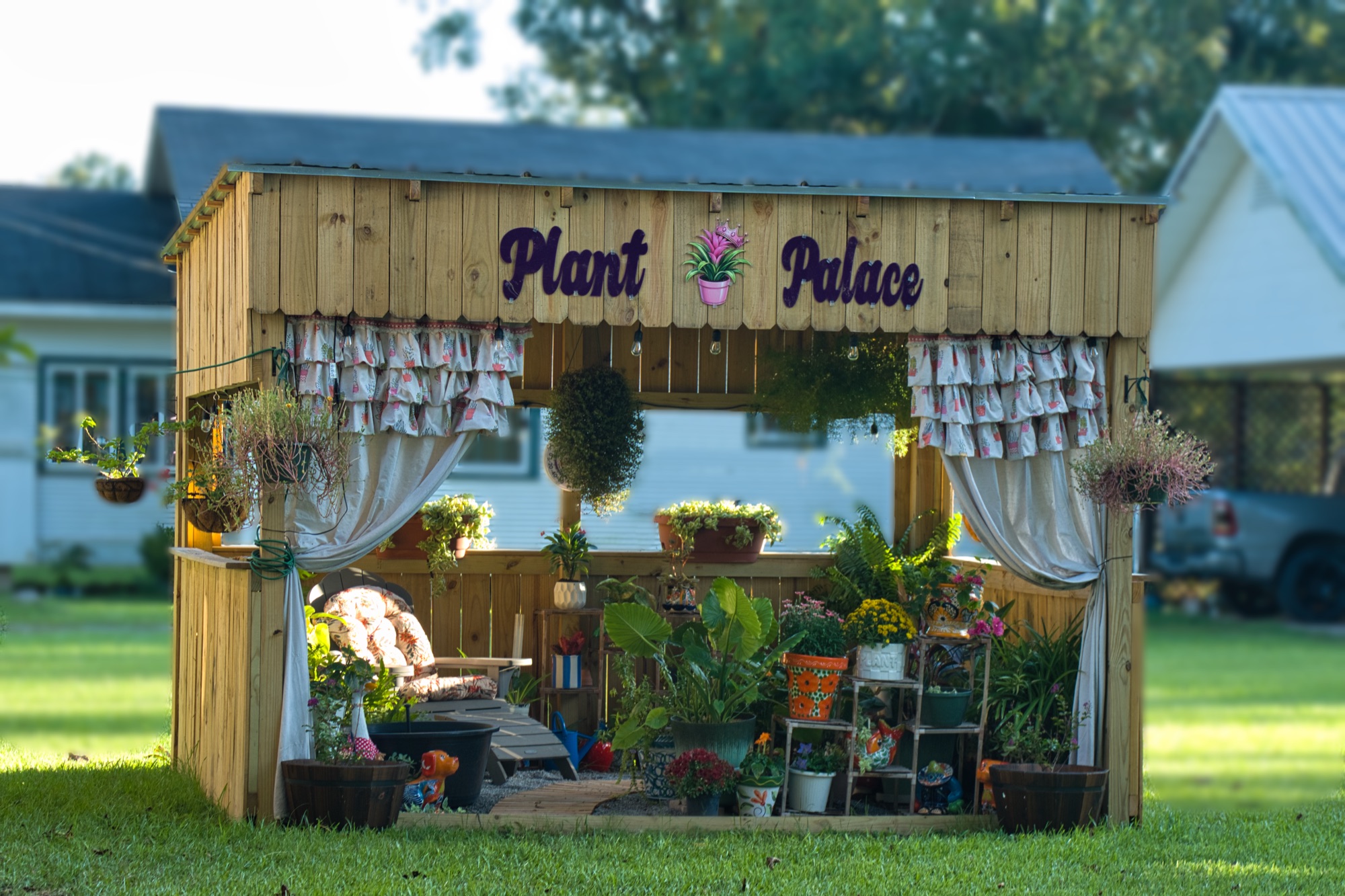 The Plant Palace from the lawn: a wooden pavilion with a painted Plant Palace sign, ruffled curtains and potted plants
